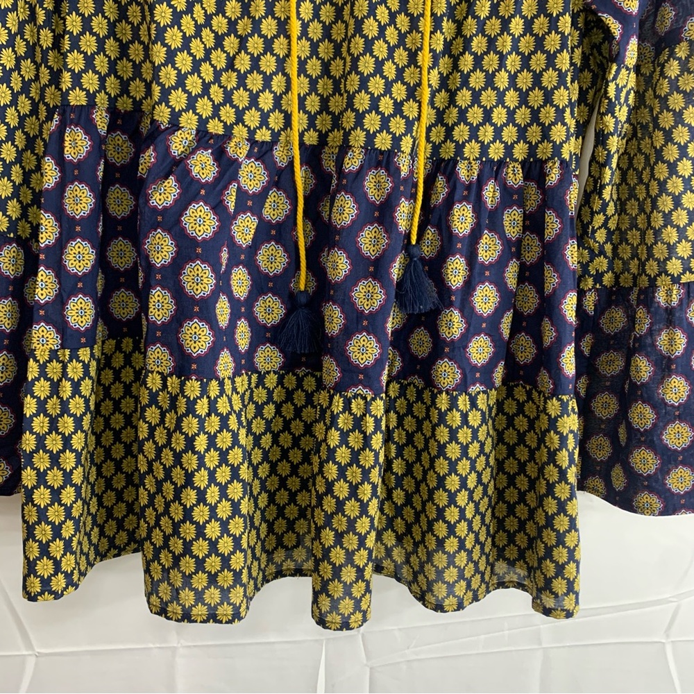 Earthbound Trading Co. Mixed Print Boho Tiered Cotton Navy Peasant Tunic, size M - Picture 7 of 12